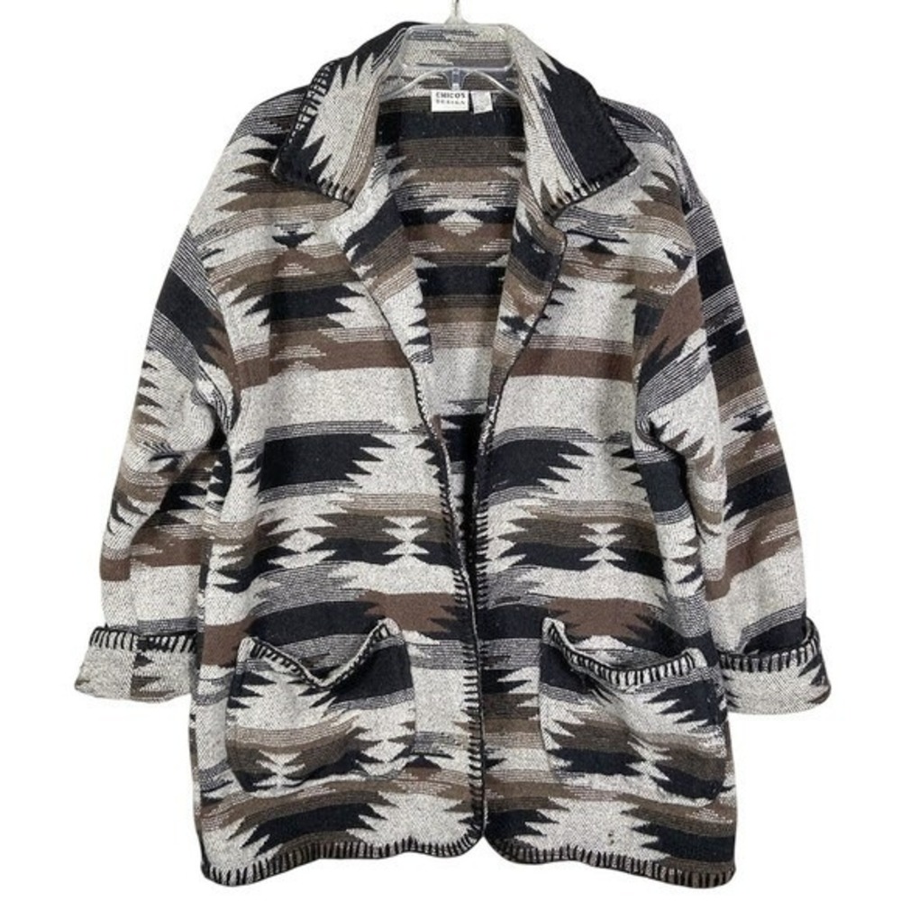 Chico's Design Southwestern Wool Blend Sweater Jacket Blanket Stitch Cardigan M
